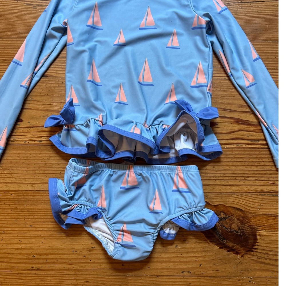 Little Mainer Rash Guard Set Kids Blue Good Sailboat Ruffle 2 Piece SIZE 6 - Picture 2 of 5